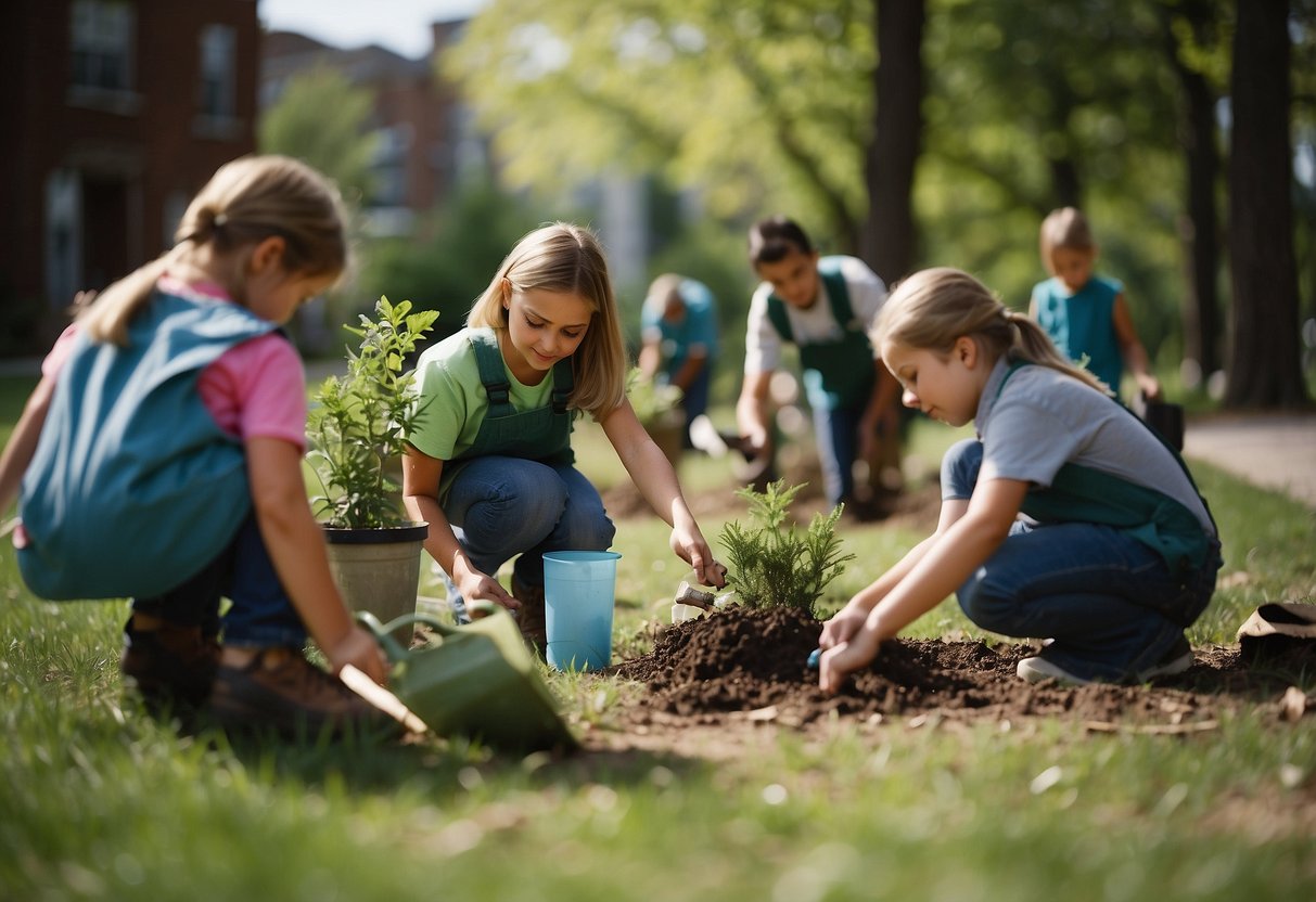 A group of children planting trees, cleaning up a park, recycling, painting a mural, and building birdhouses for an environmental conservation project