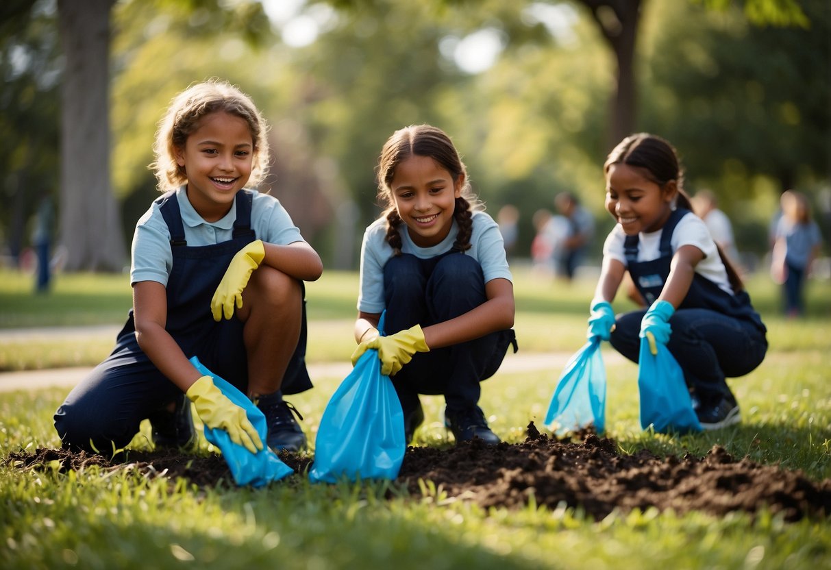 A group of children working together to clean up a local park, plant trees, and collect donations for a community service project