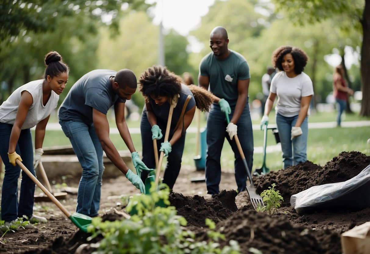 A diverse group of people working together to clean up a park, plant trees, and organize a community event. Trash bags, shovels, and gardening tools are scattered around as they collaborate and take ownership of their environment