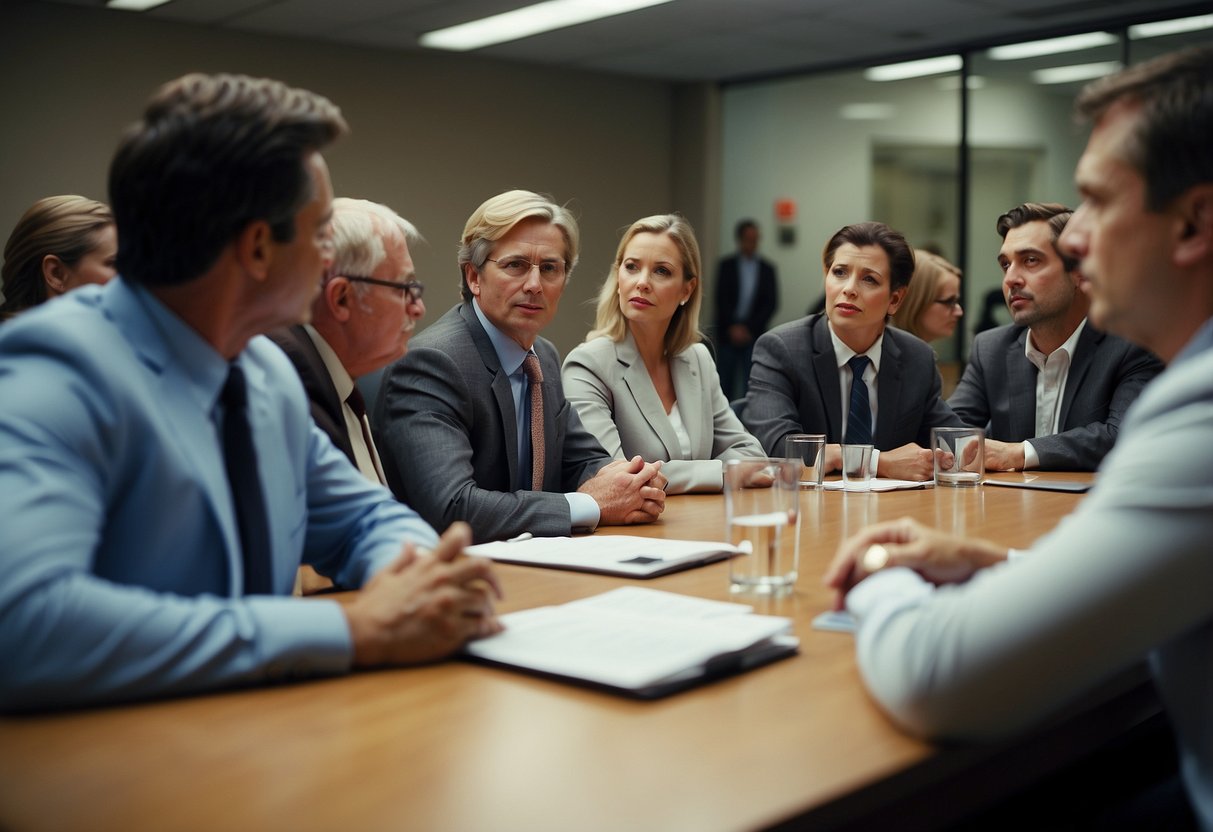 A group of people engage in local government meetings, discussing and making decisions to foster a sense of responsibility in society