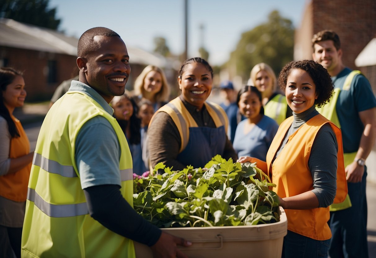 A group of diverse individuals engaging in community service, recycling, and volunteering, demonstrating responsibility and ethical decision-making