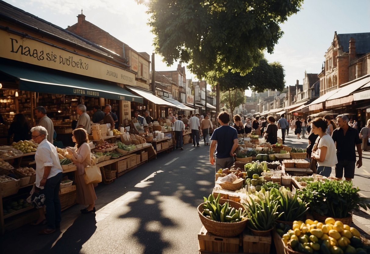 A bustling street lined with small shops and cafes, with people browsing and enjoying the local products. Signs promoting responsible consumerism and supporting local businesses are prominently displayed