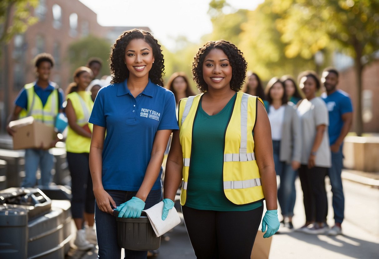 A group of diverse individuals engaging in community service, recycling, and volunteering to promote education and societal responsibilities