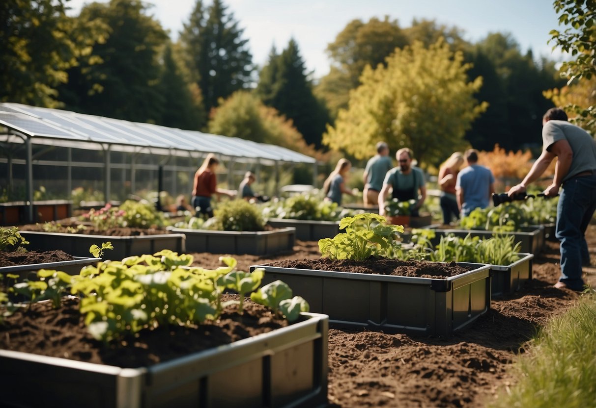 A community garden with compost bins, recycling stations, and solar panels. A group of people planting trees and tending to the garden