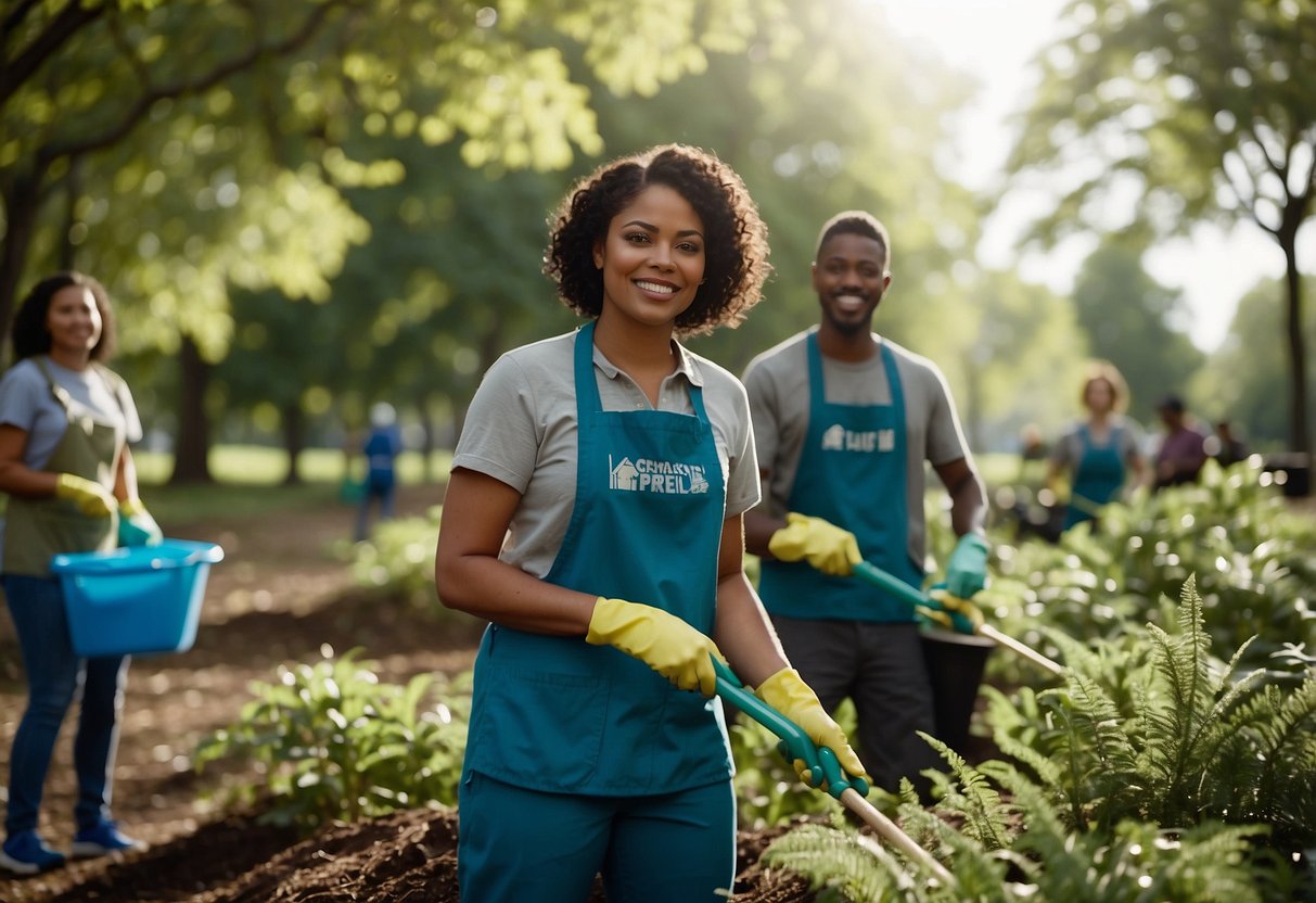 A group of diverse individuals working together to clean up a park, plant trees, and recycle. They are taking ownership of their environment and demonstrating responsibility