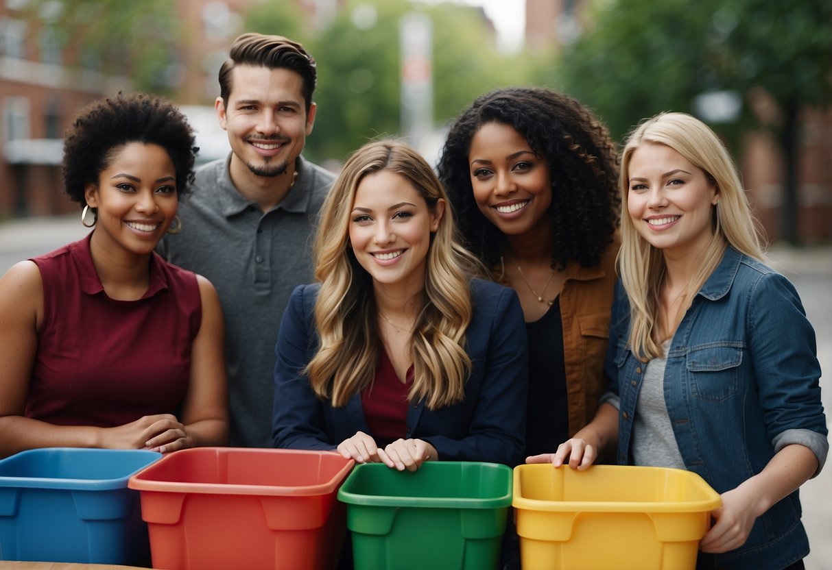 A group of diverse individuals collaboratively working on community projects, recycling, and volunteering, demonstrating responsibility and accountability