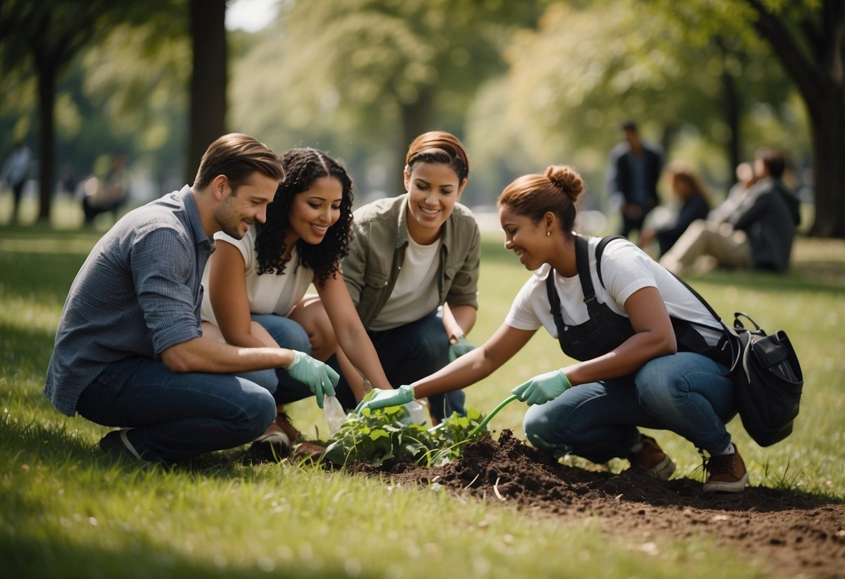 A group of diverse individuals are gathered in a park, cleaning up litter and planting trees. They are engaged in conversation, discussing important topics such as local politics and environmental issues