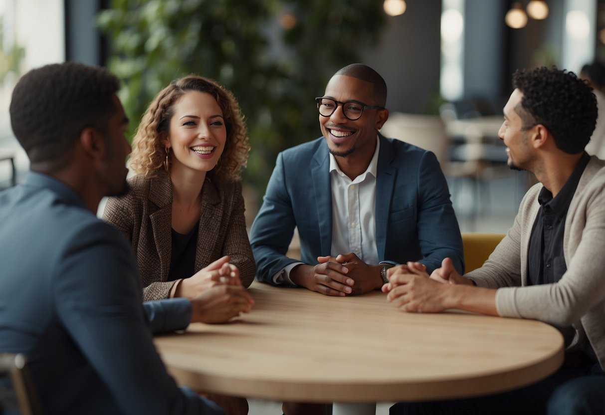 A diverse group of individuals engage in conversations about media literacy and informed citizenship, exchanging ideas and information in a lively and engaging manner