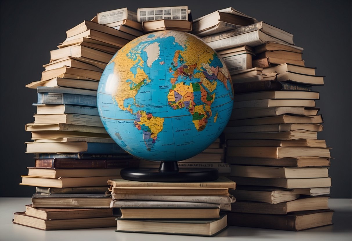 A globe surrounded by news headlines, social media icons, and protest signs. A stack of books on politics, economics, and social justice. An open laptop displaying various global issues