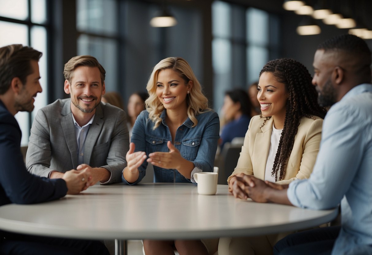 A diverse group of people engage in discussions about civic responsibilities and informed citizenship, exchanging ideas and learning from each other