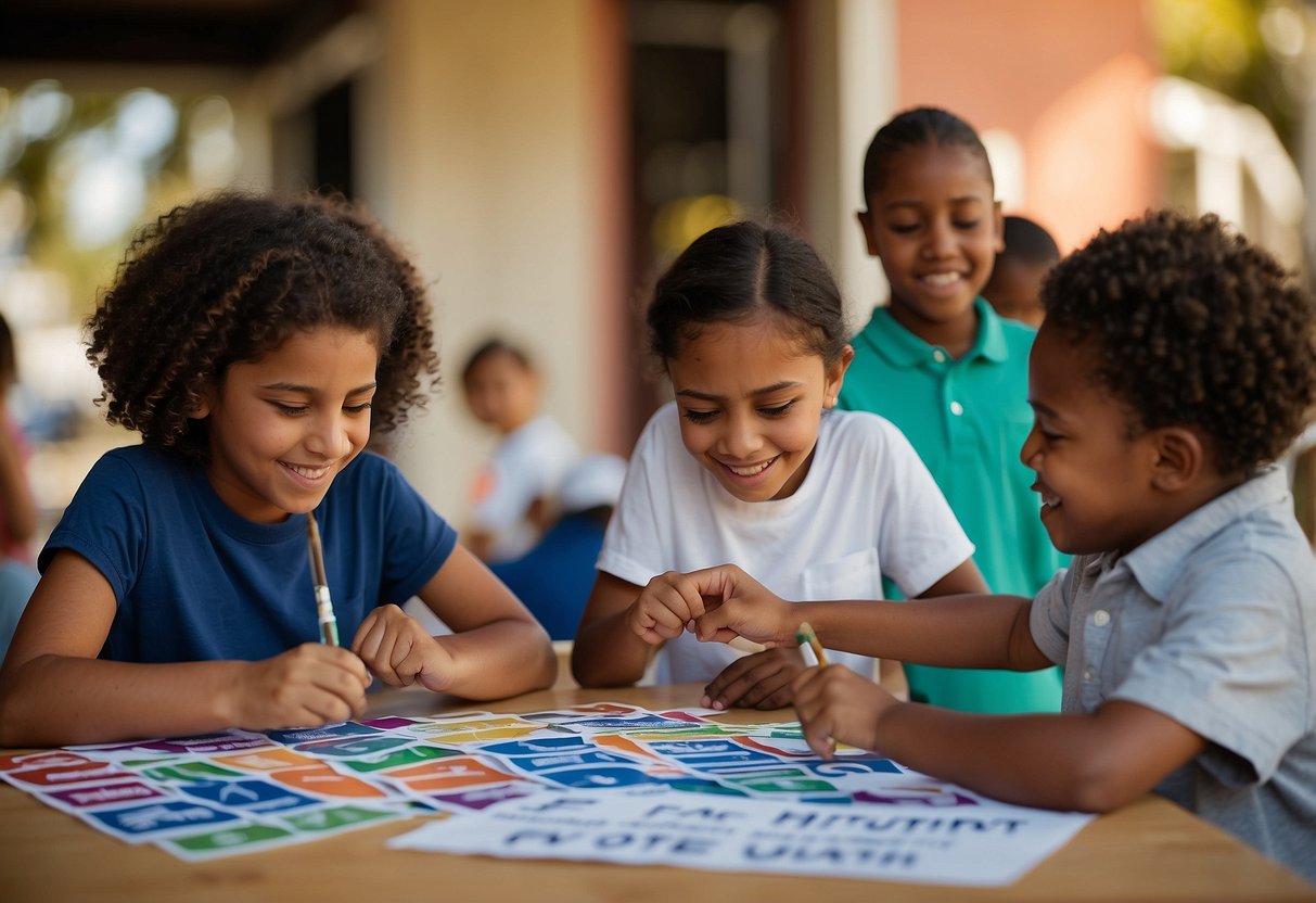 Children painting signs with messages supporting voting and advocacy, while others create posters and banners for a mock election. A group of kids discussing the importance of voting and advocacy