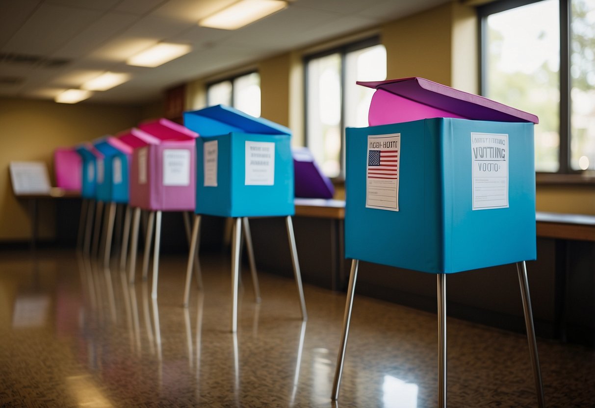 A colorful mock voting booth with ballot box, voting slips, and educational posters on voting and advocacy. Tables set up with activities for kids to learn about the importance of voting