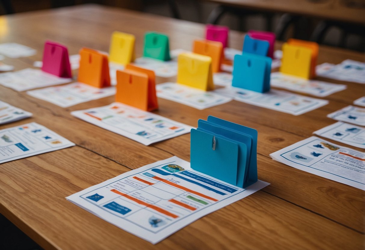 A table with colorful voting ballots, markers, and educational materials. A group of kids engaged in activities about voting and advocacy