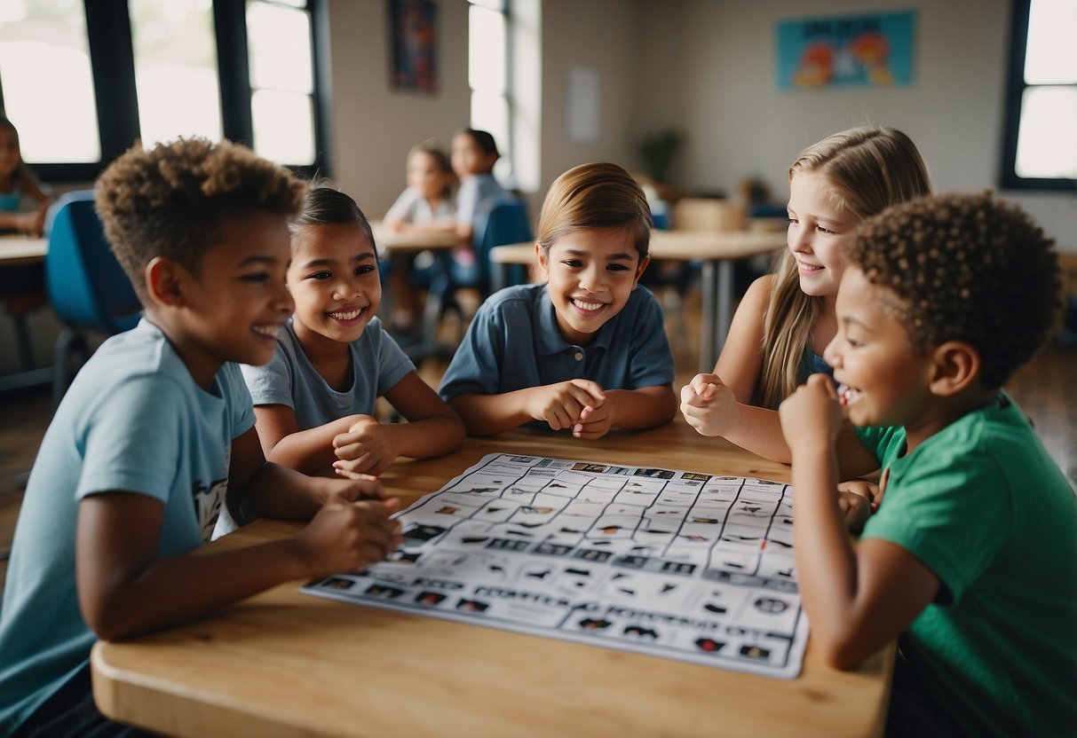 A group of children engaging in interactive activities, learning about voting and advocacy through games, discussions, and creative projects