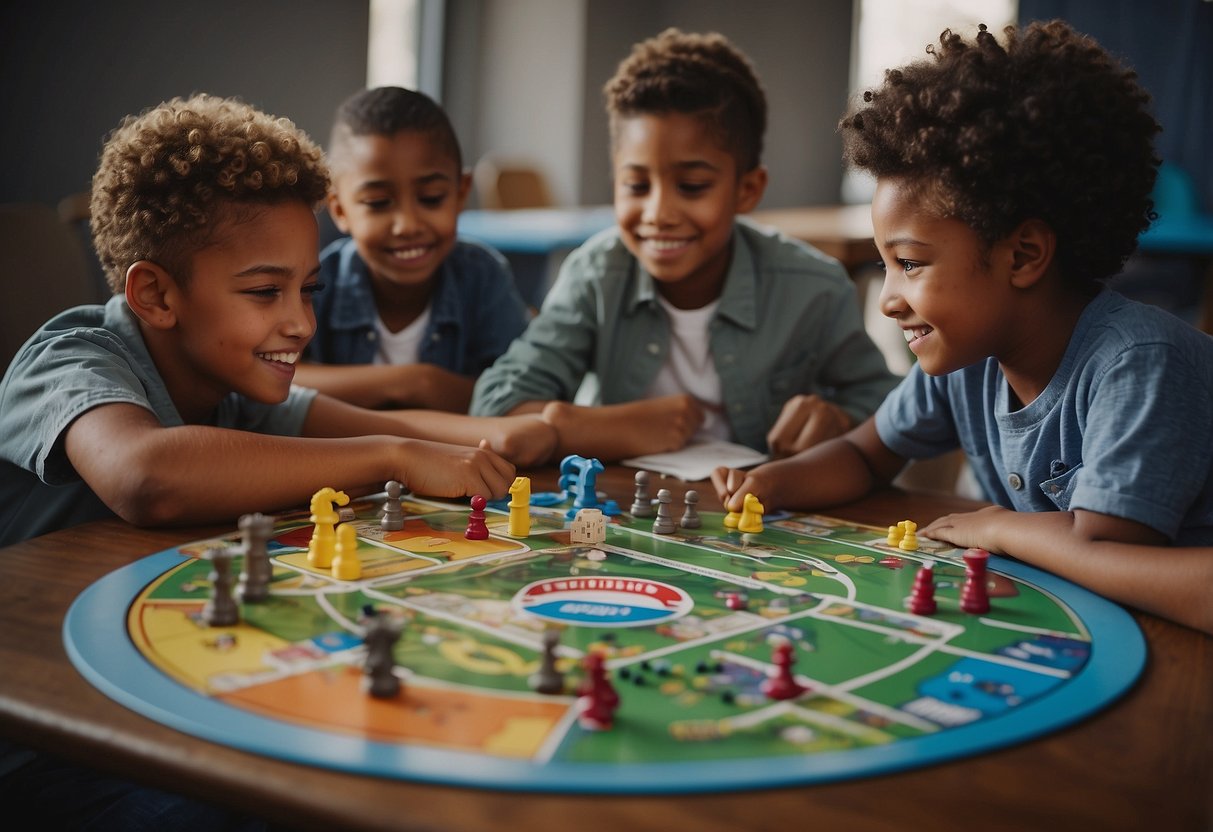 A group of children playing board games and engaging in activities focused on civics, voting, and advocacy. The games are colorful and interactive, with elements that teach the importance of civic engagement