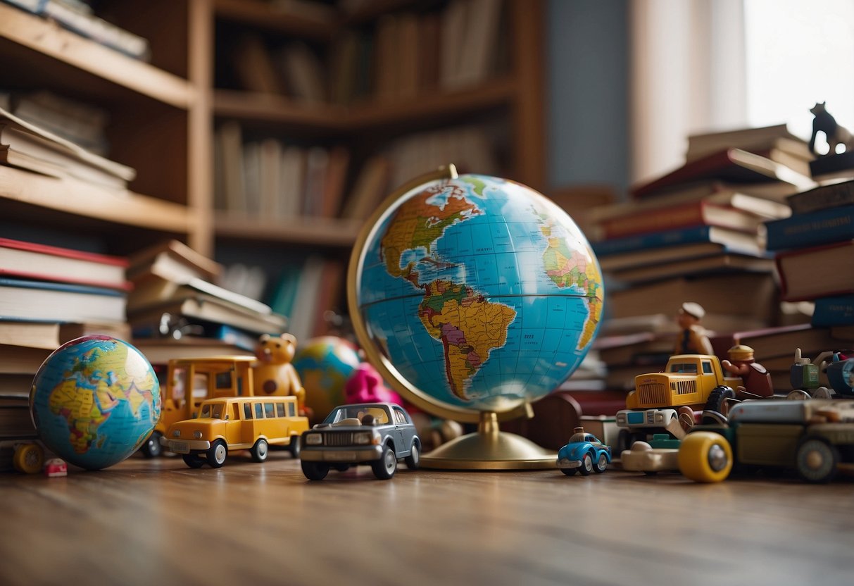 Children's toys scattered on a floor, some shiny and new, others worn and broken. A globe sits in the corner, surrounded by books on poverty and wealth