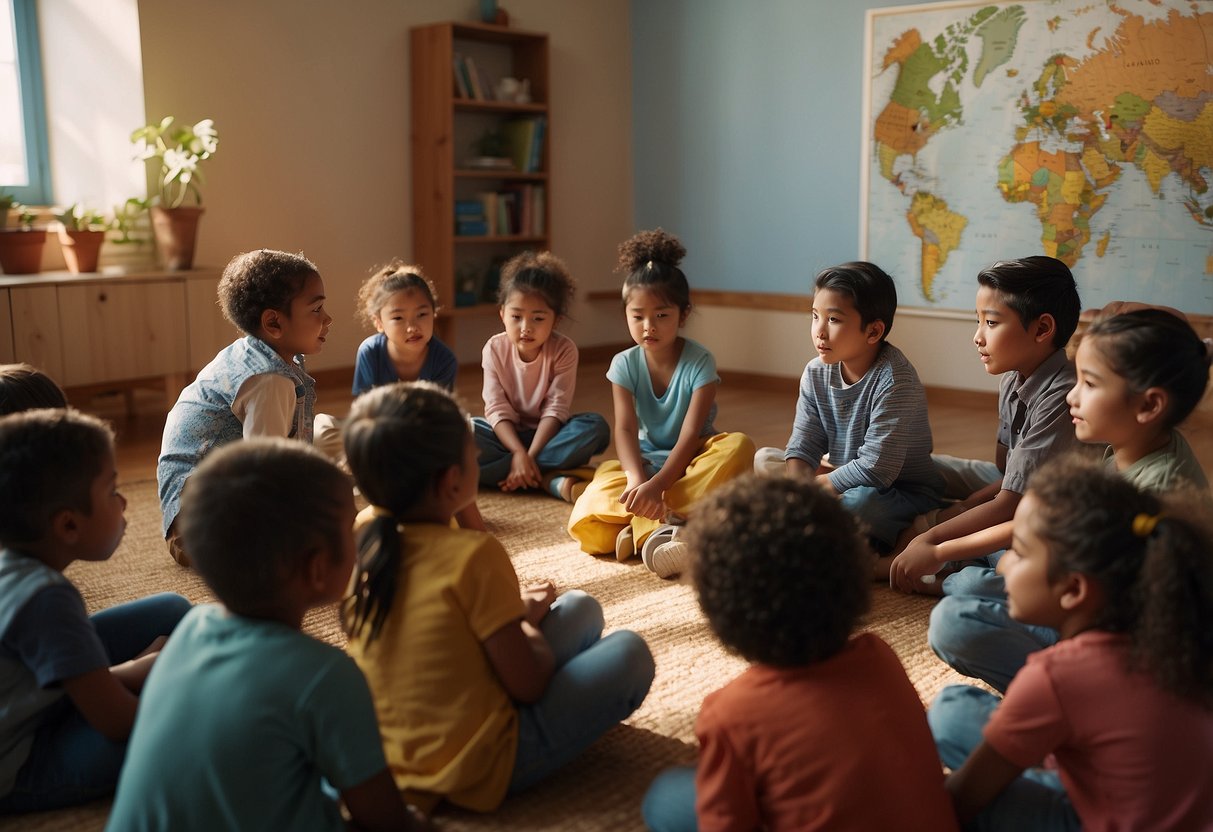 A diverse group of children sitting in a circle, listening to an elder share stories from different cultures. A world map and various cultural artifacts are displayed around the room