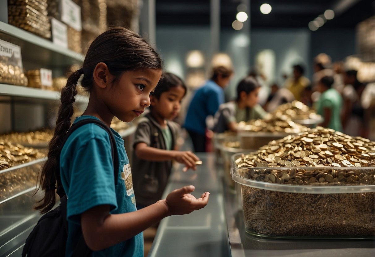 Children explore museum displays of poverty, hunger, and injustice. Contrasting images show global inequality