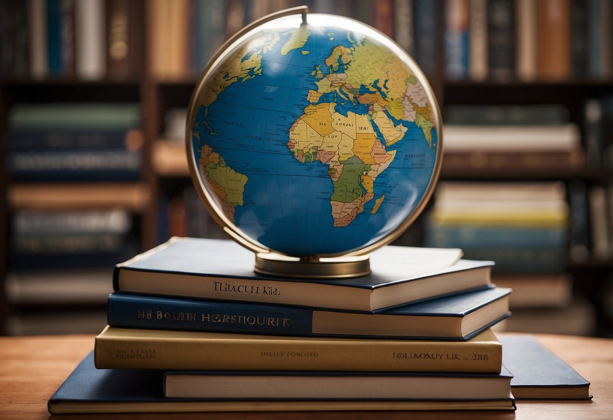 A stack of books on a table, with titles like "Global Inequality" and "Teaching Kids About Global Issues". A globe and world map in the background