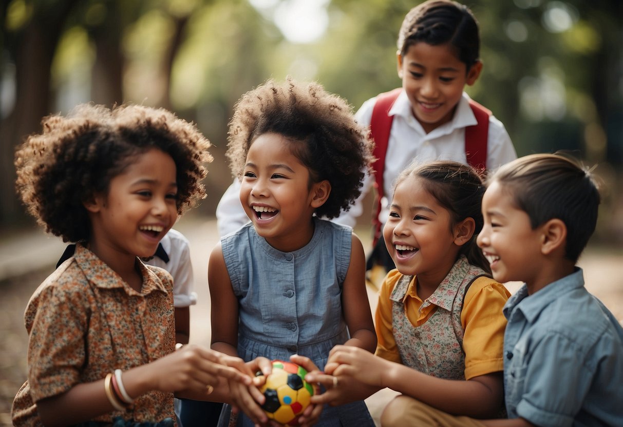 A group of diverse children play together, sharing toys and laughing. Some kids are from different countries, wearing traditional clothing. Others are in school uniforms, highlighting global inequality