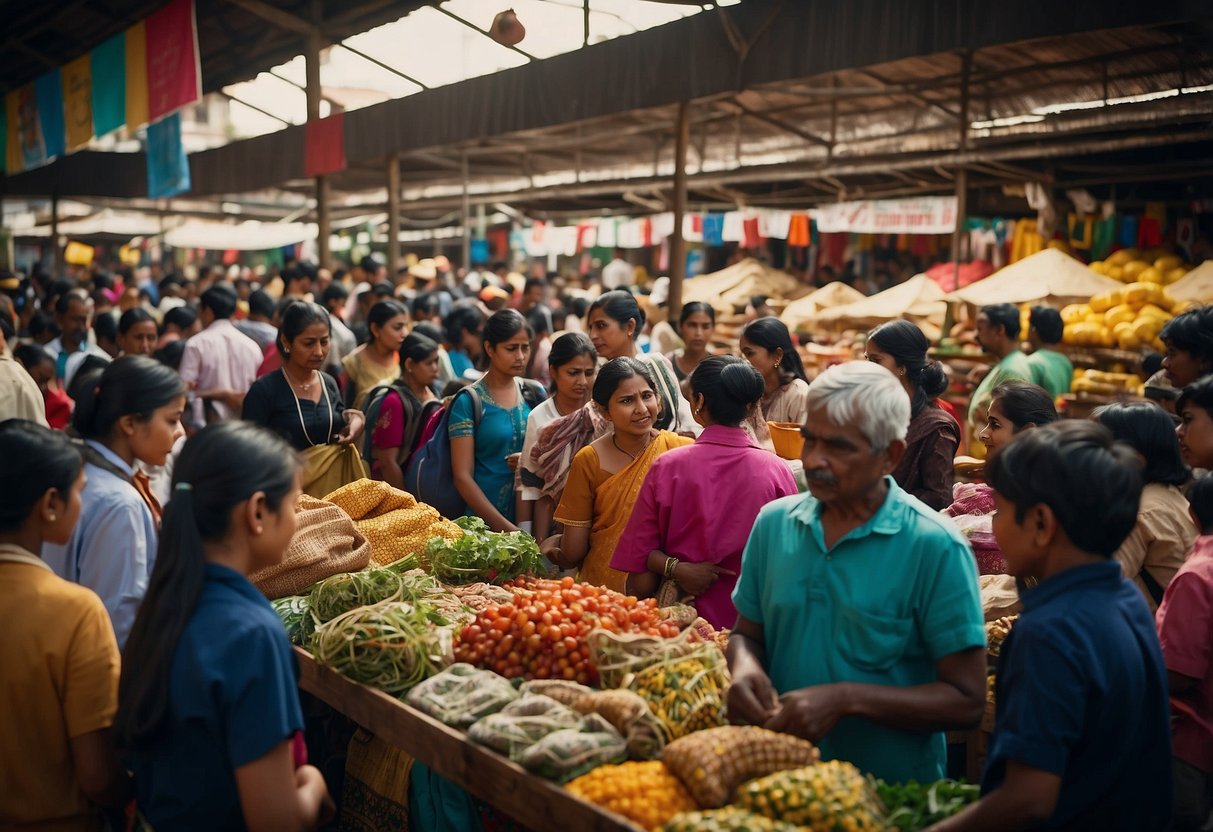 A bustling marketplace with colorful stalls selling fair trade products from around the world. Children of different backgrounds gather to learn about global inequality through interactive exhibits and workshops