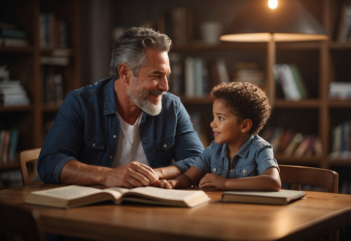 A child and parent sit at a table, discussing social justice. Books and resources on the topic are spread out, creating a warm and open environment for learning and conversation