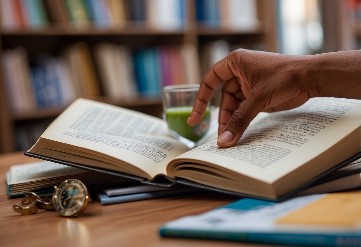 A child's hand reaching for a book on social justice, surrounded by diverse literature and educational materials. A clock shows an early morning time