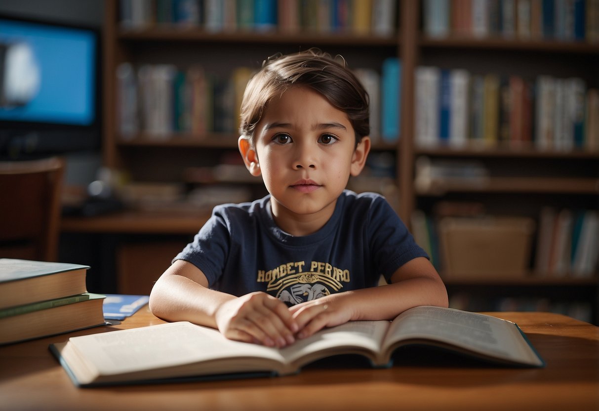 A child sits at a table, listening intently as an adult gestures and speaks passionately about social justice. Books and resources on the topic are scattered around them, creating an atmosphere of learning and discussion