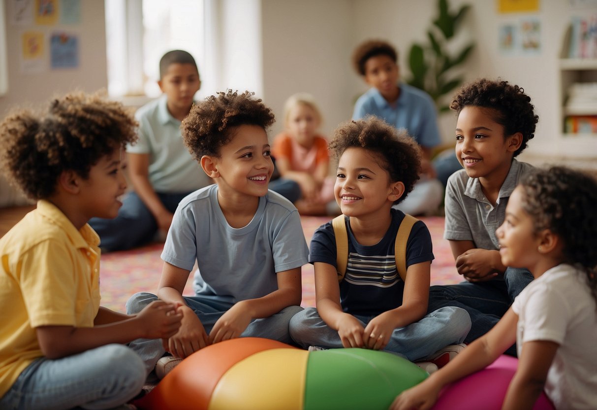 A diverse group of children sit in a circle, sharing personal stories and discussing social justice issues with their parents and caregivers. Books and posters on equality and diversity are displayed around the room