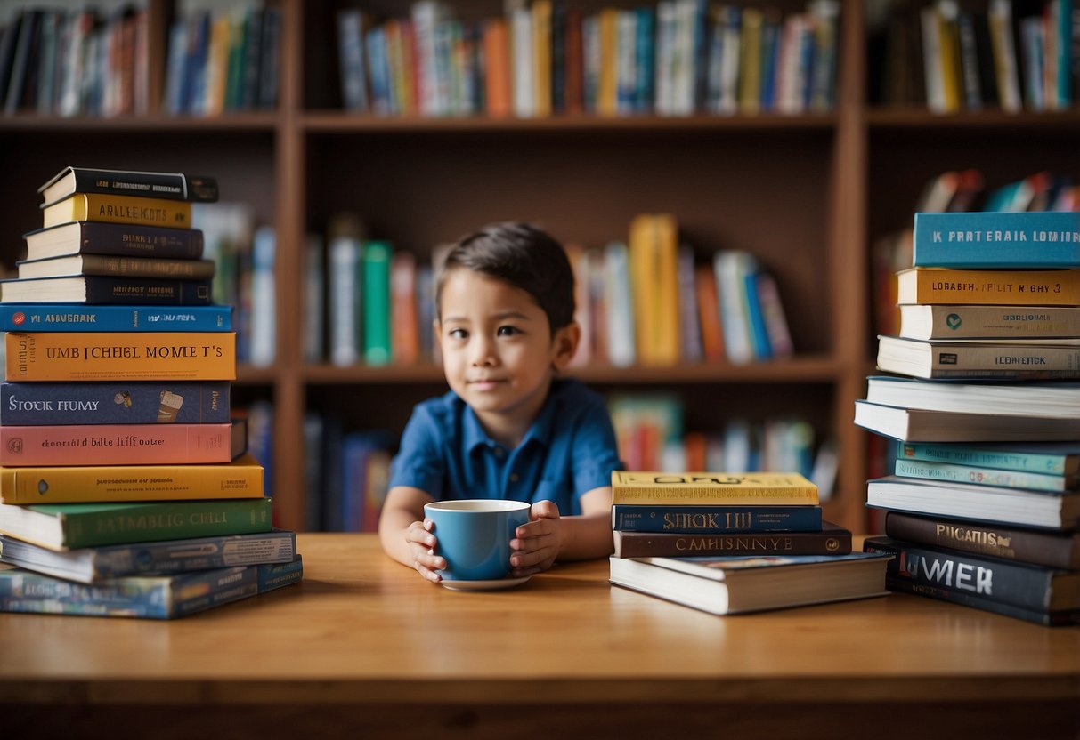 A stack of books and media materials arranged on a table, with a child's chair nearby. A parent or caregiver sits across from the chair, engaging in a discussion about social justice issues with the child