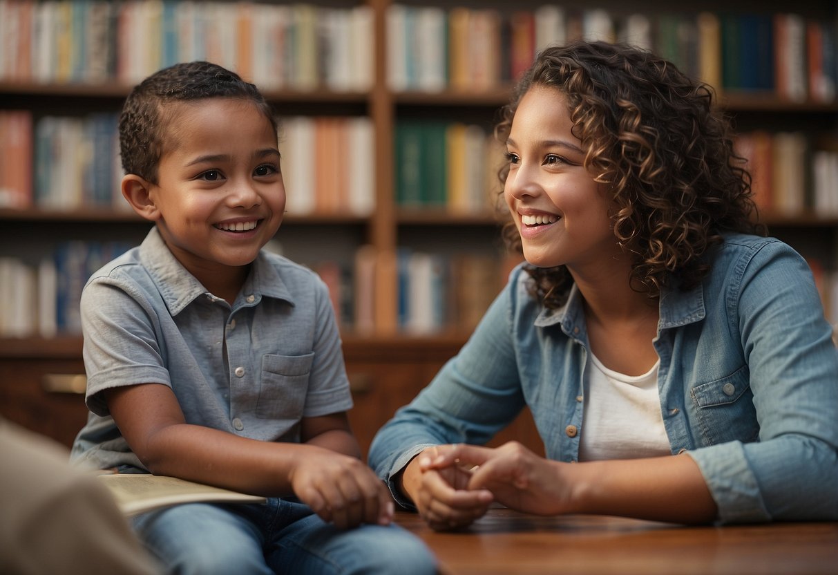 A child and adult engage in conversation, with open body language and attentive expressions. Books and resources on social justice are visible in the background