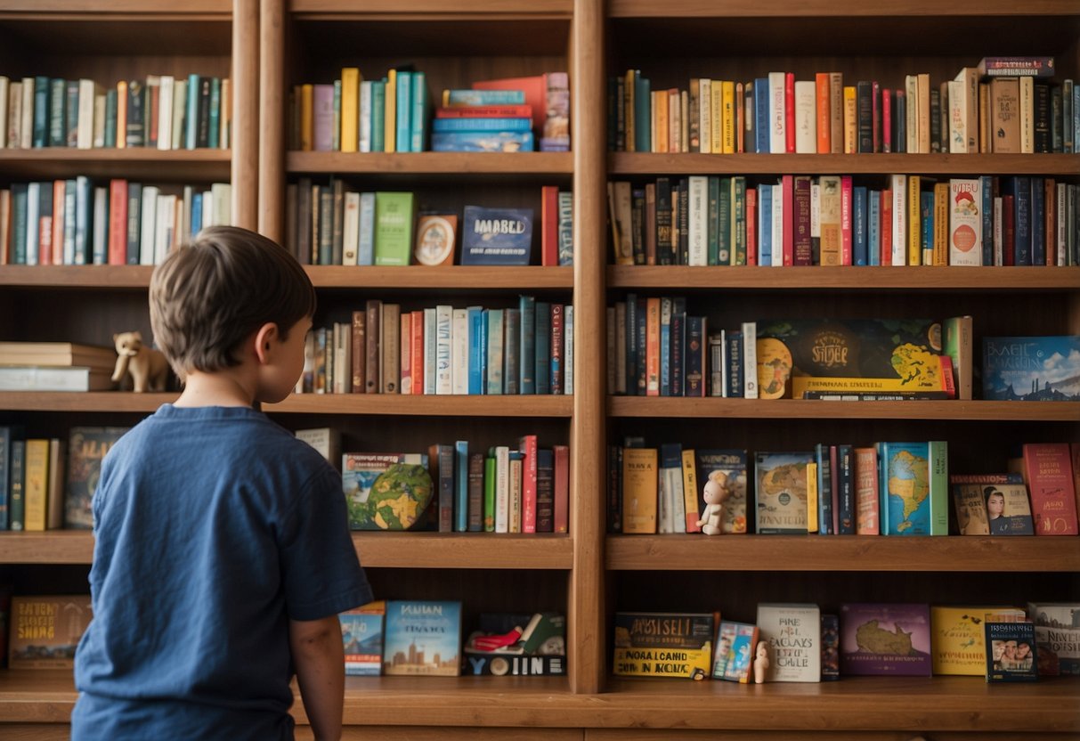 A child's bookshelf with diverse books on social justice topics, a parent and child engaged in conversation, a world map on the wall