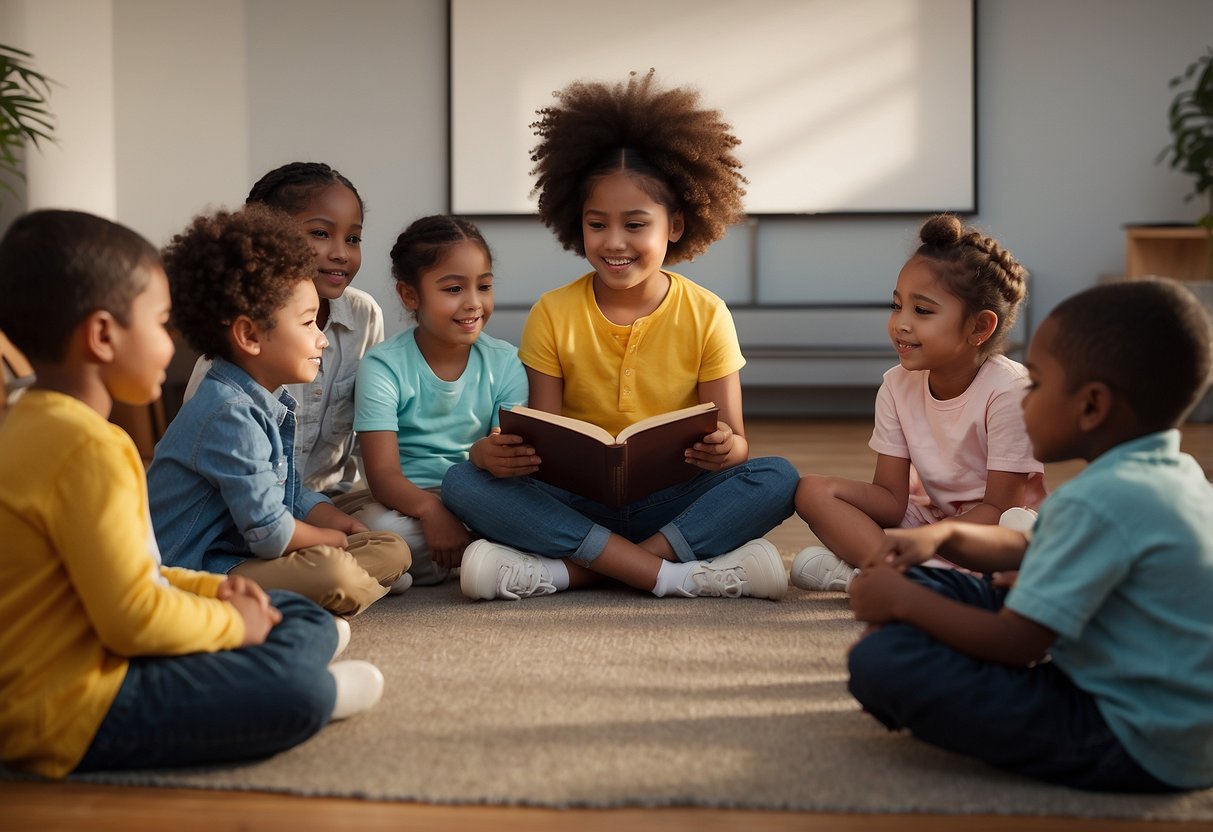 A group of diverse children sit in a circle, listening intently as an adult reads a storybook. The illustrations depict scenes of kindness and understanding, captivating the children's attention and fostering empathy