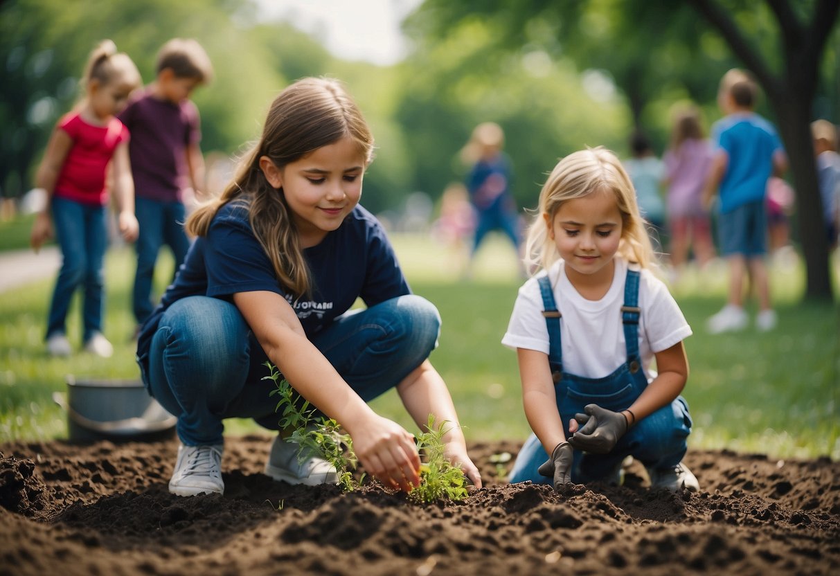 Children planting trees, donating toys, cleaning up parks, helping at shelters, and fundraising for charities