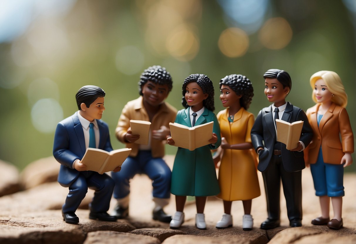 A group of diverse role model figures engaging in activities promoting social consciousness. Books, art, community service, and discussions are depicted