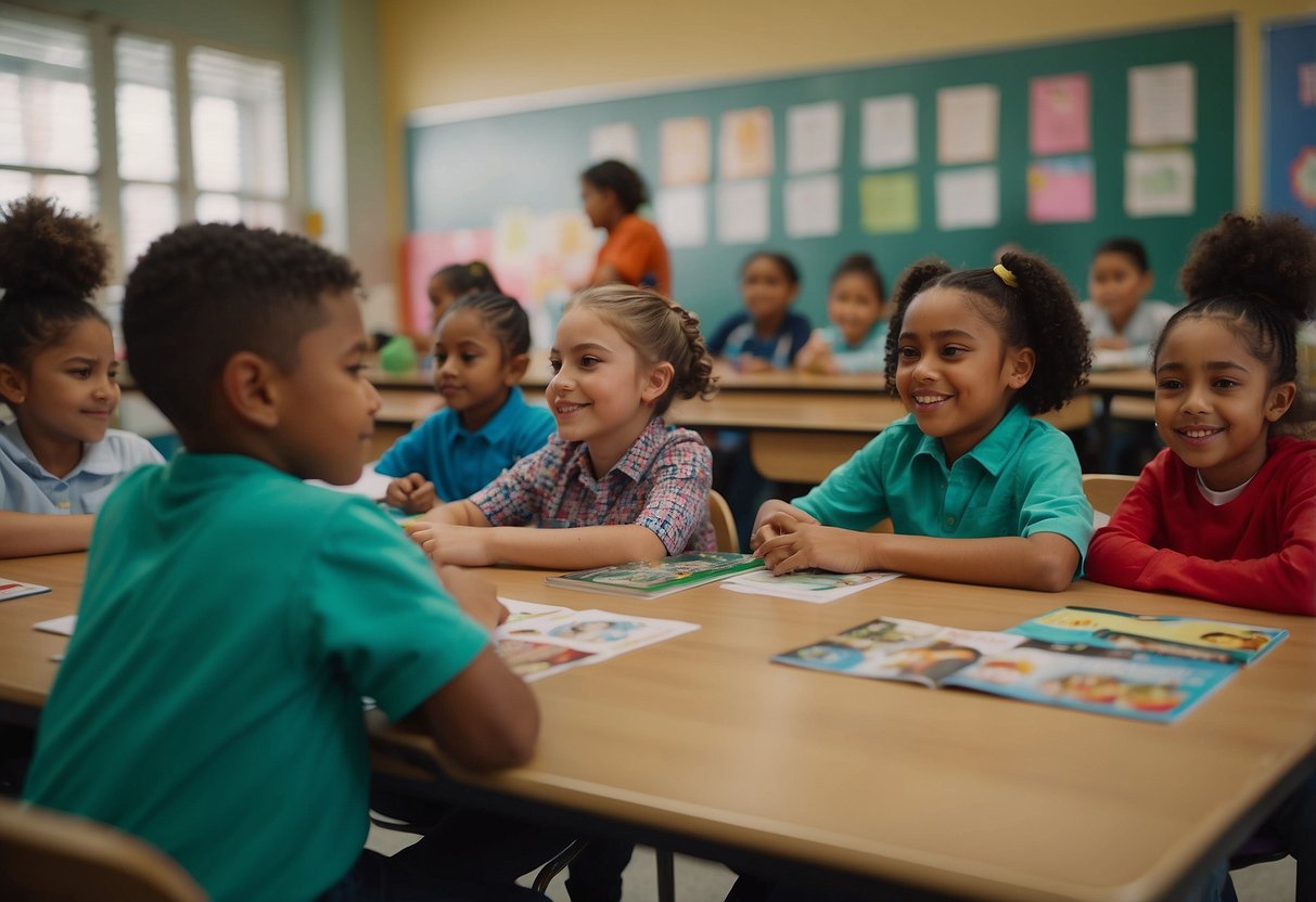 A colorful classroom with diverse books, posters, and art reflecting social issues. Children engage in discussions and activities promoting empathy and understanding