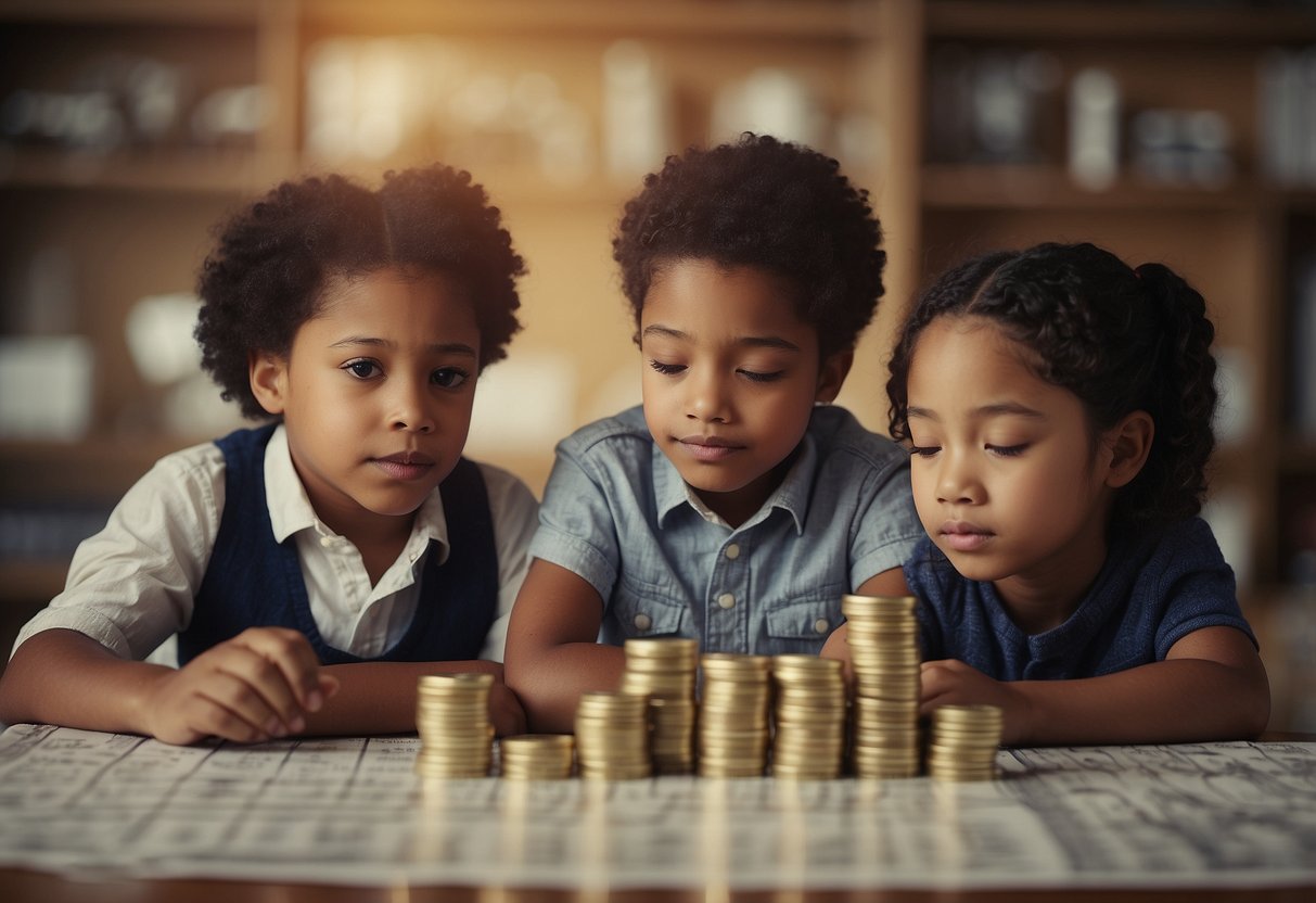 A diverse group of children observe a scale with unequal stacks of coins, a graph showing income disparities, and a map highlighting areas of economic inequality