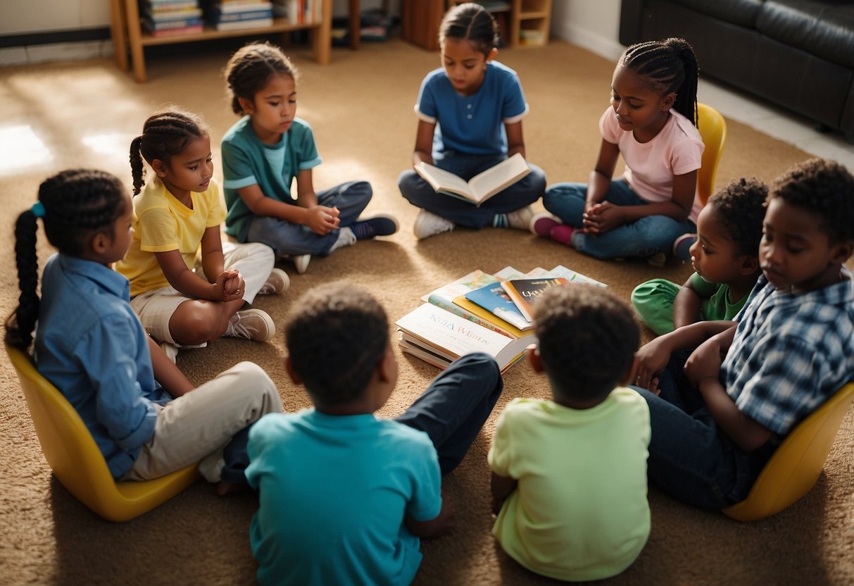 A diverse group of children sit in a circle, surrounded by age-appropriate books that illustrate economic disparities. They engage in discussions and activities led by an adult, fostering understanding and empathy