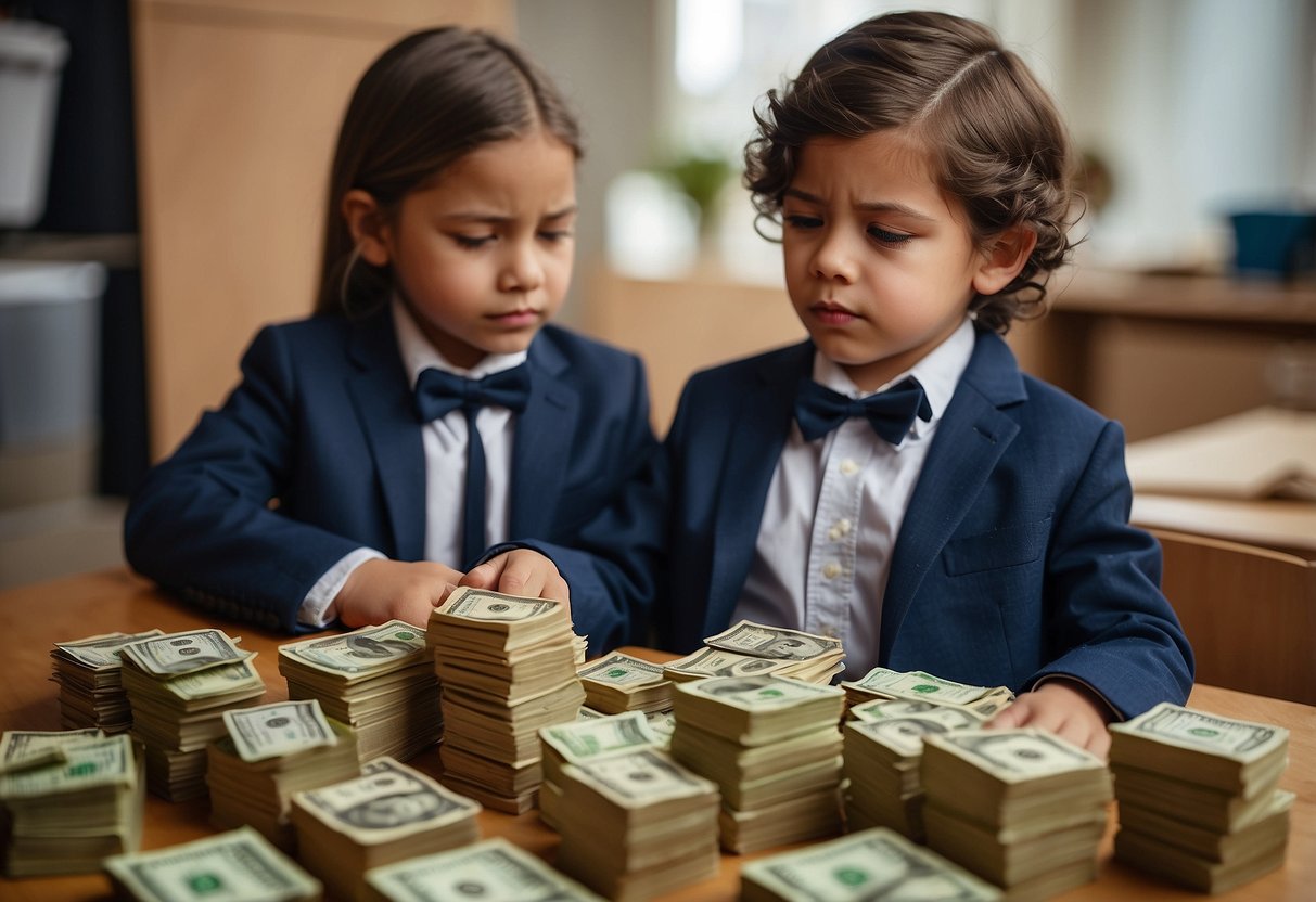 Children role-play economic scenarios: one child acts as a wealthy business owner, while others portray struggling workers. Props like play money and cardboard houses illustrate the disparities