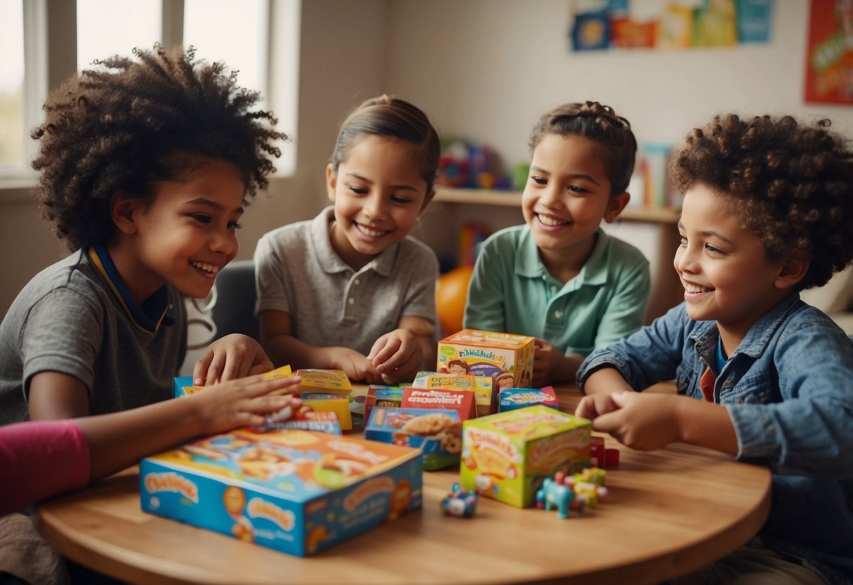 A group of children from different backgrounds gather around a table, sharing toys and books. One child is giving away a portion of their snacks to another. A poster on the wall displays the words "Encouraging Philanthropy and Charity - 8