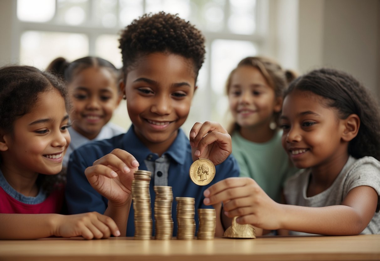 A diverse group of children observe a scale with different-sized coins on each side, representing economic disparities. A teacher explains budgeting basics to them using visual aids