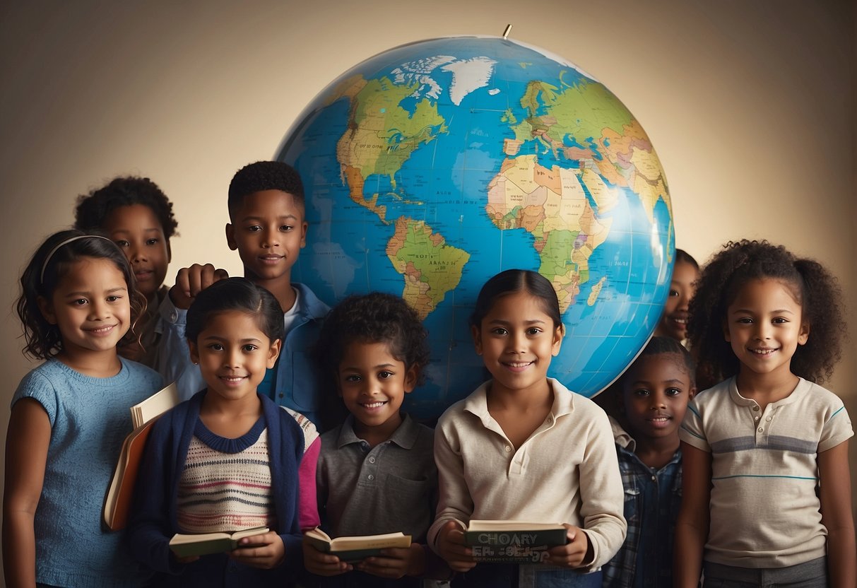 A diverse group of children gather around a globe, pointing to different countries while holding books with titles like "Poverty" and "Inequality"