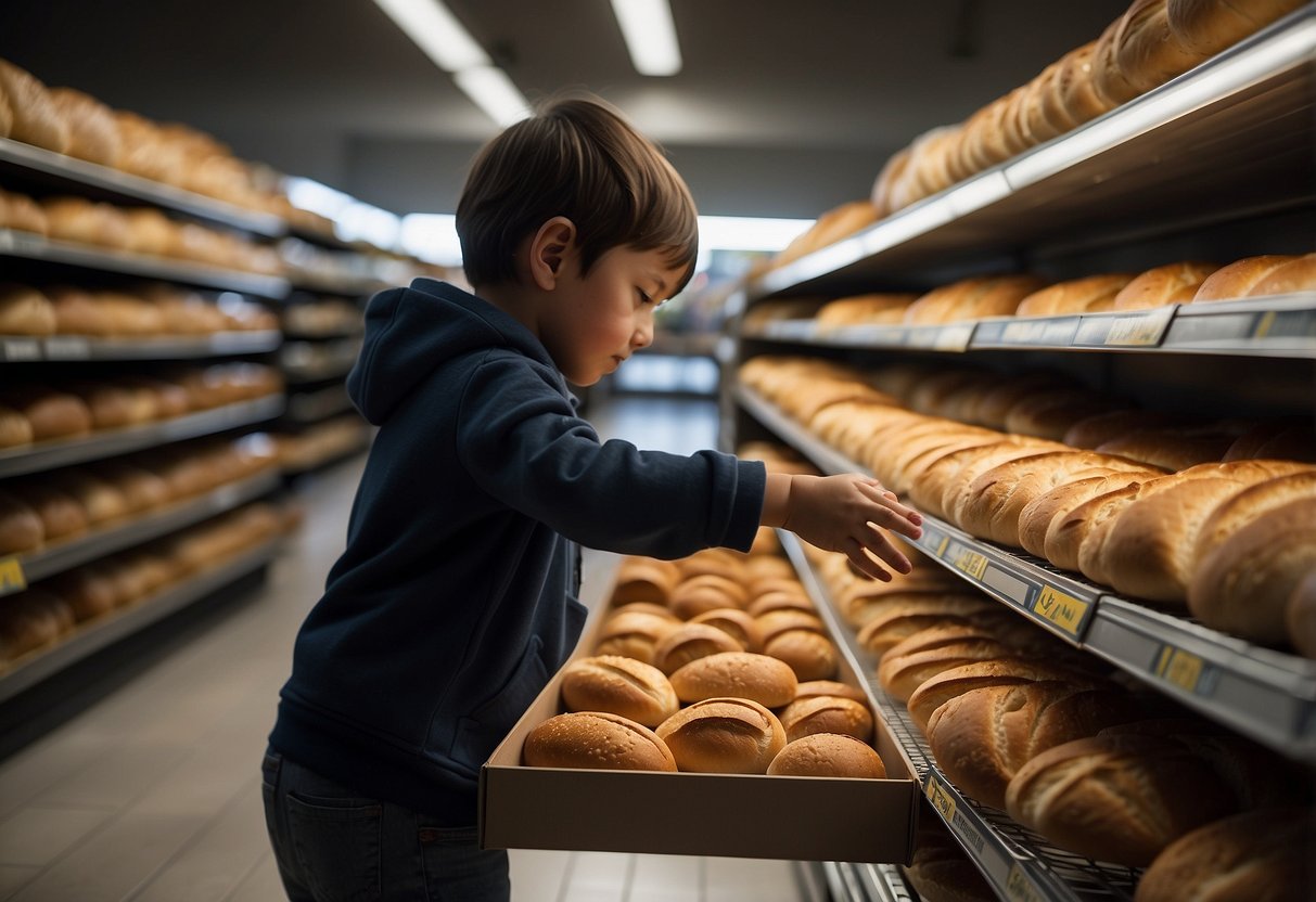 A child's hand reaches for a loaf of bread while other hands grab at empty shelves in a dimly lit store, symbolizing global injustice