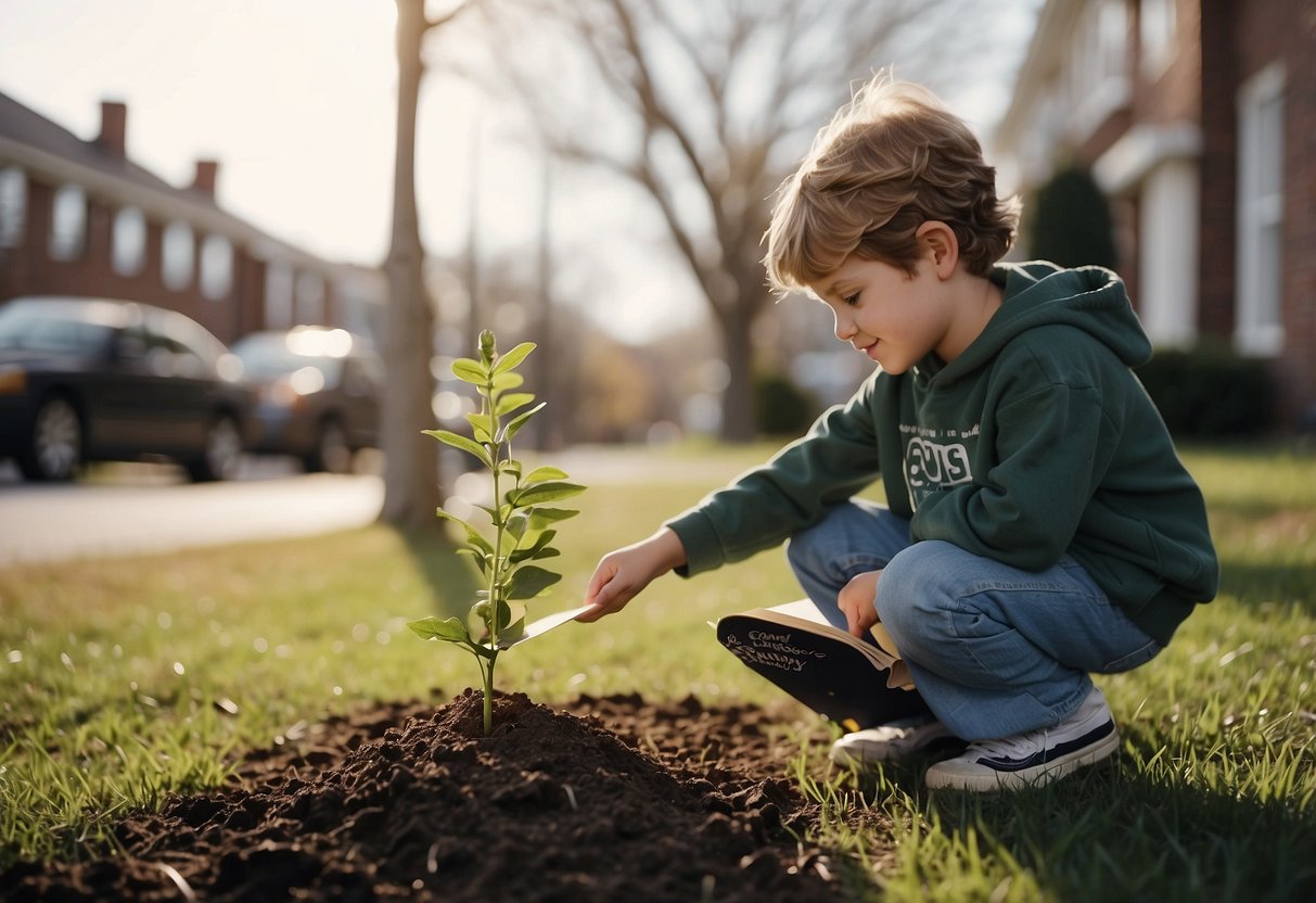 A child planting a tree, holding a protest sign, reading a book about social issues, donating to a charity, attending a community meeting, writing a letter to a lawmaker, and participating in a neighborhood clean-up