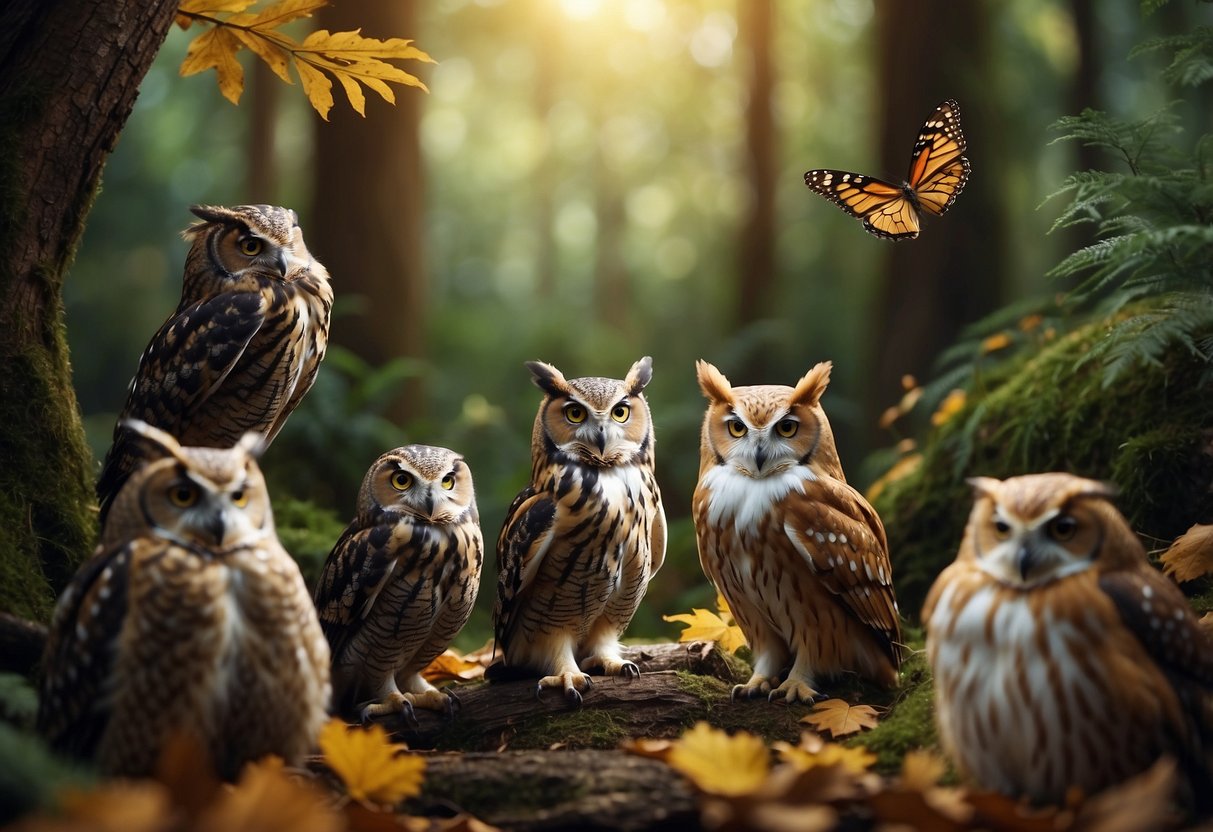 A diverse group of animals gather around a storytelling circle, listening intently as a wise old owl shares tales of empathy and activism. The scene is set in a lush, vibrant forest, with the animals sitting on a bed of colorful leaves