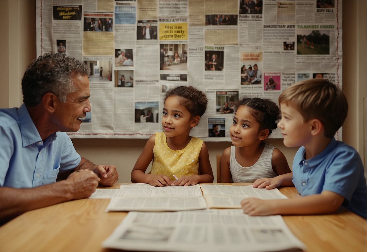 A family bulletin board adorned with newspaper clippings, colorful posters, and handwritten notes. A child eagerly listens as their parents discuss current events at the dinner table