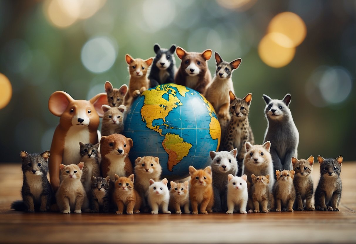 A group of diverse animals gather around a globe, sharing ideas and working together to promote activism and awareness