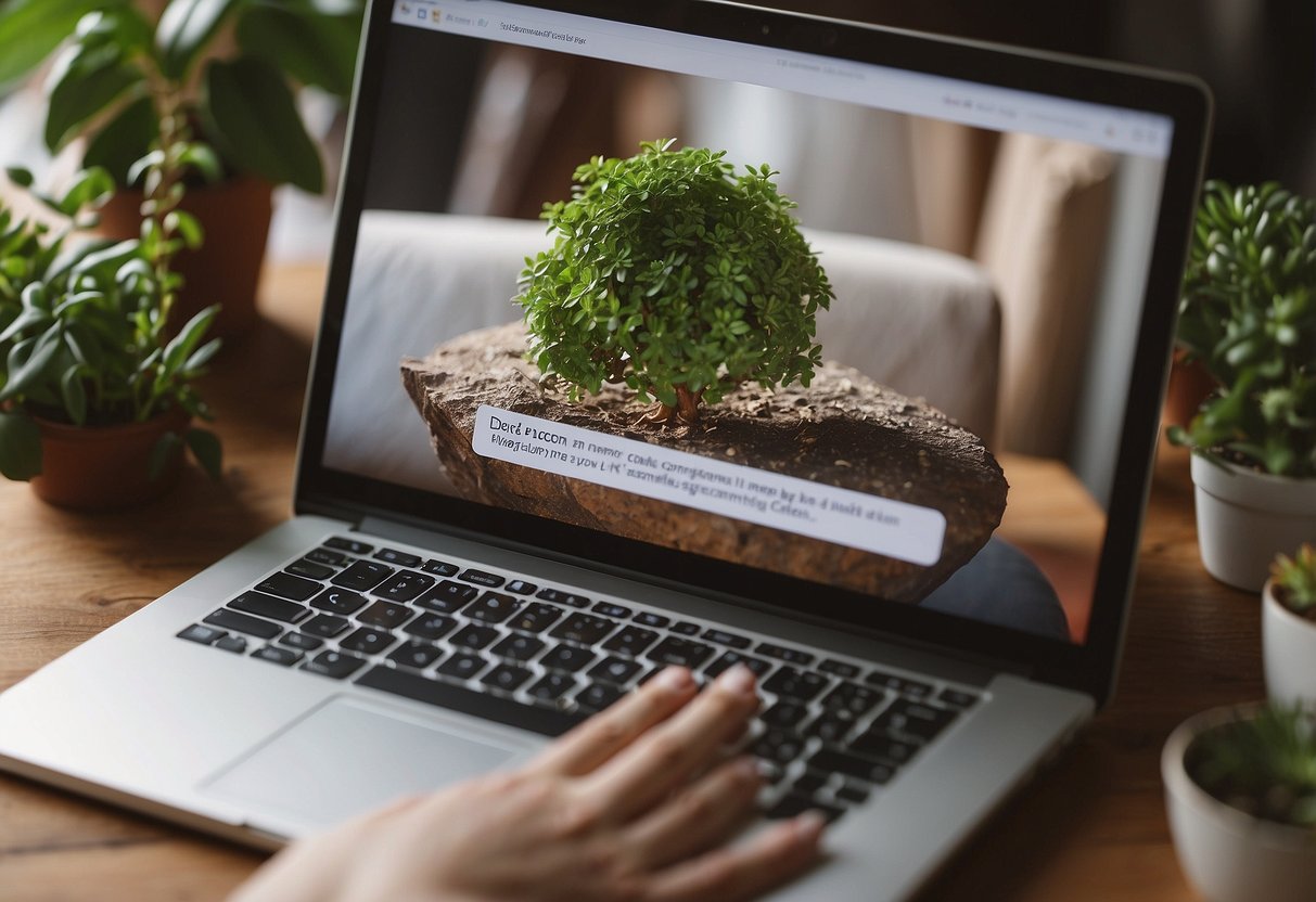 A child's hand placing a poster on a wall, surrounded by books, a globe, and a plant. A laptop with activism websites open sits nearby