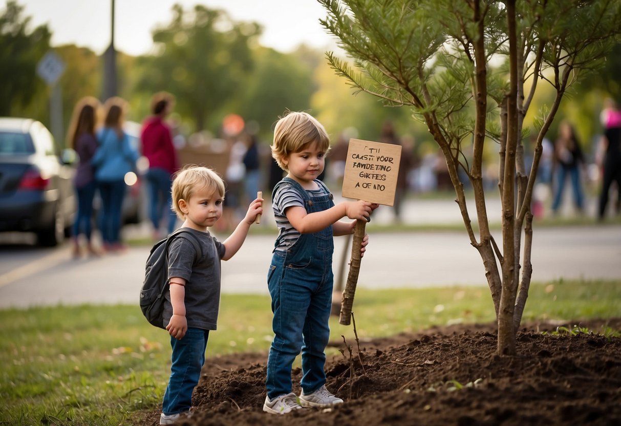 A child planting a tree, holding a sign, writing letters, attending a protest, volunteering, educating others, and using social media to promote activism and awareness