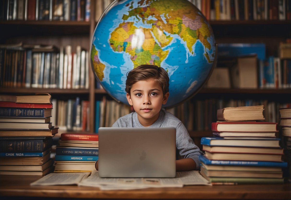 A child surrounded by books, with a globe and educational posters on the wall. A laptop displaying activism and awareness websites